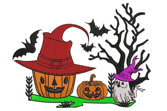 Halloween Pumpkin Bats Ghost and Tree